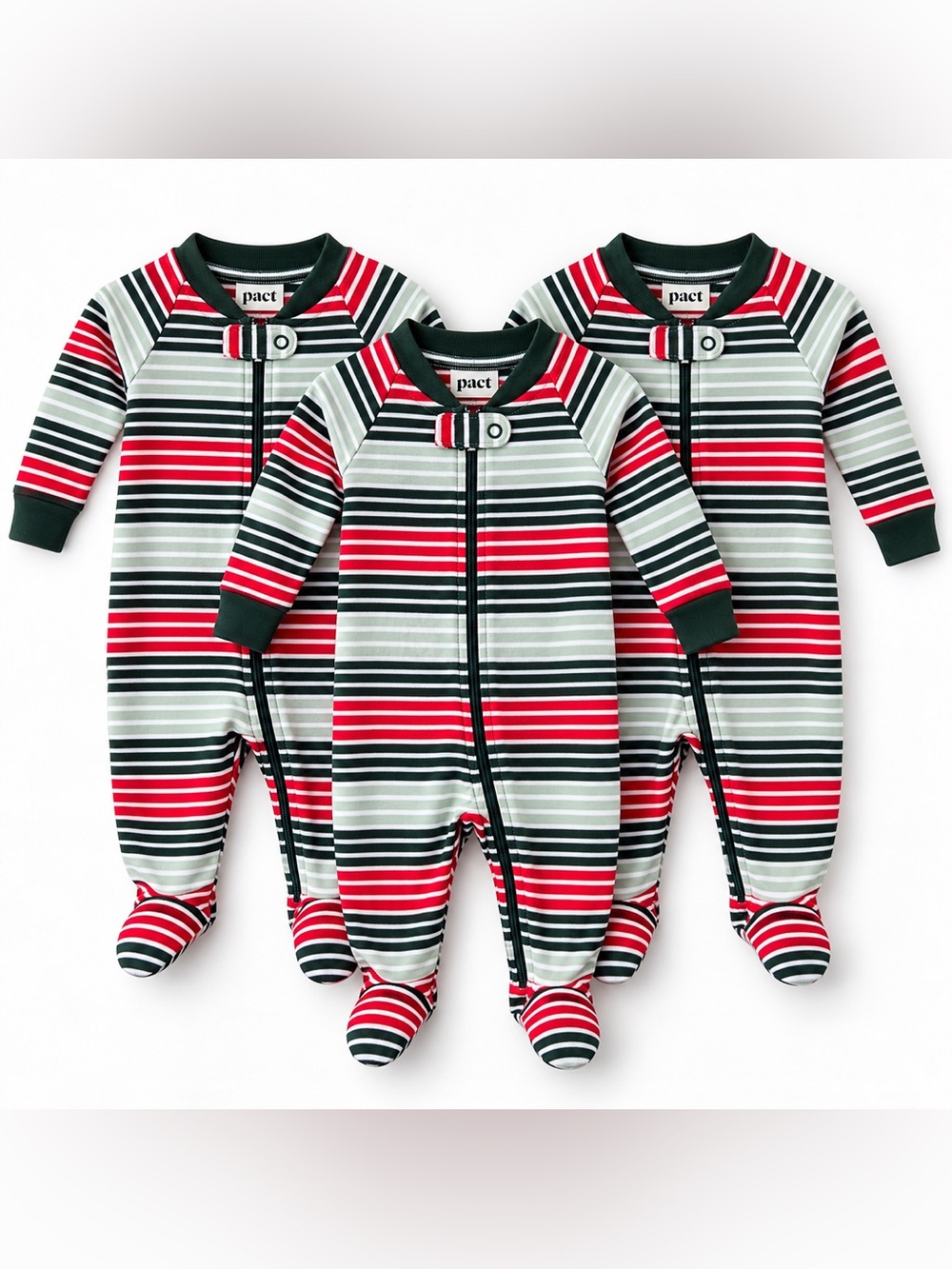 Pact Bundle of 3 Baby’s Flurry Stripe Holiday Footie Pajamas Organic Cotton 0-6M